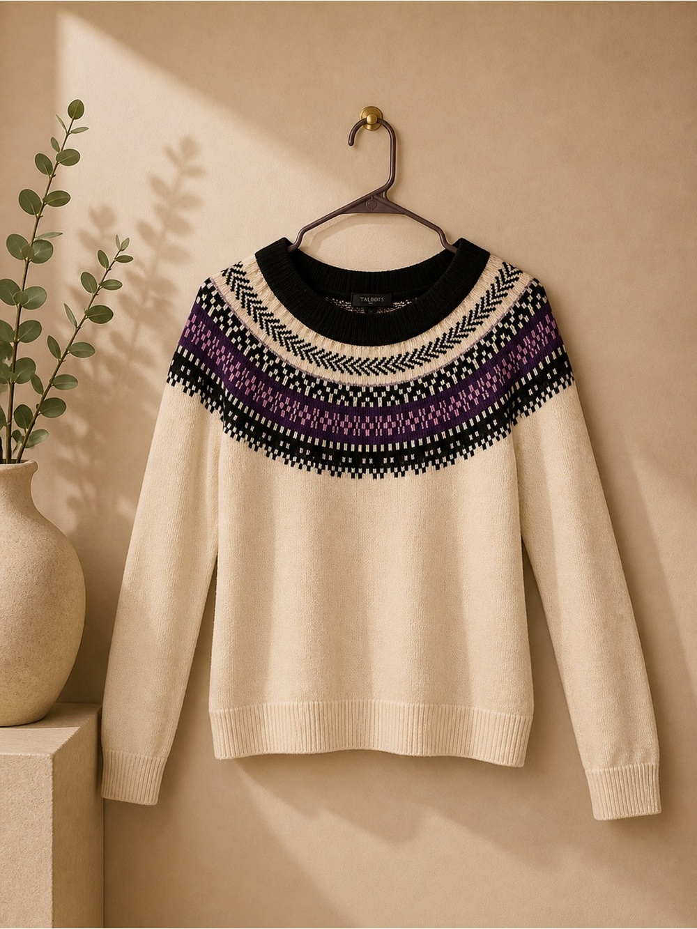 Talbots Women's Purple Cream Joyful Fair Isle Nordic Knit Sweater Size Small
